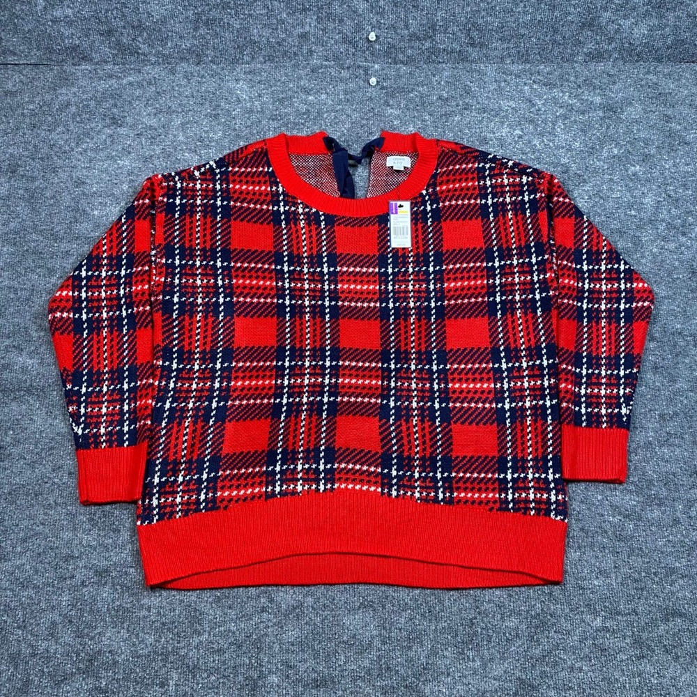 Crown & Ivy Women Red Plaid Party Sweater Ribbon Tie Back XL New Acrylic